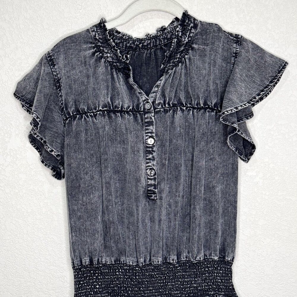 Rails Amina Dress Womens Medium Black Acid Wash Smocked Flutter Sleeve Mini - Picture 4 of 10